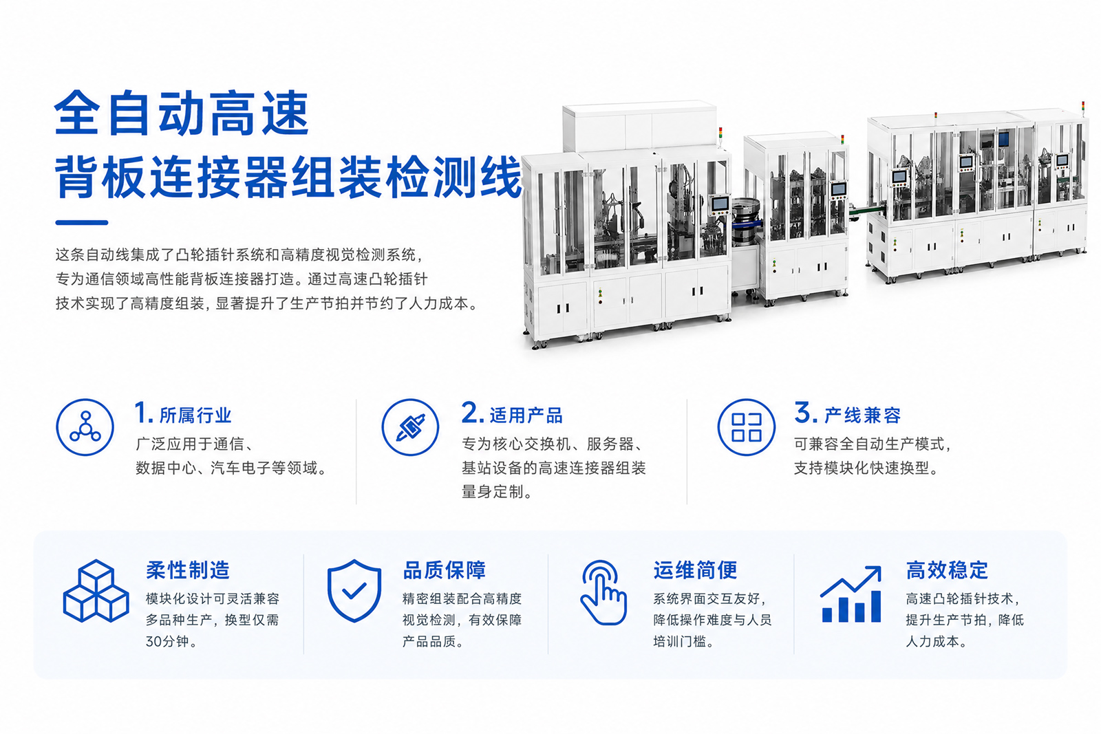 Full-automatic high-speed backplane connector assembly and testing line Fully automatic high-speed backplane connector assembly and testing line